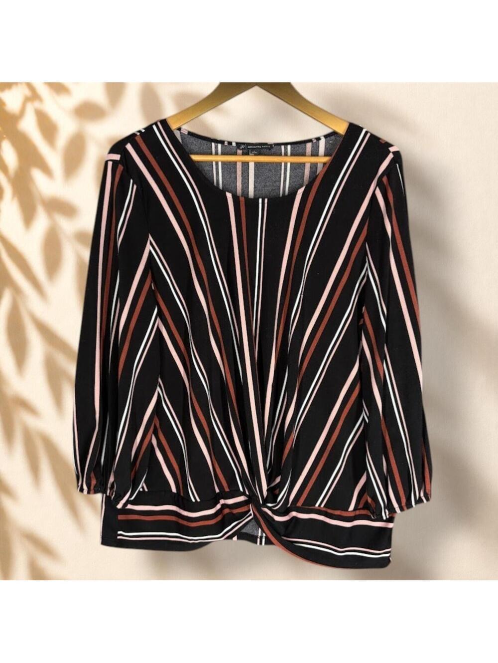 Adrianna Papell Blouse Women L Large Black Striped Long Sleeve Round Neck Casual